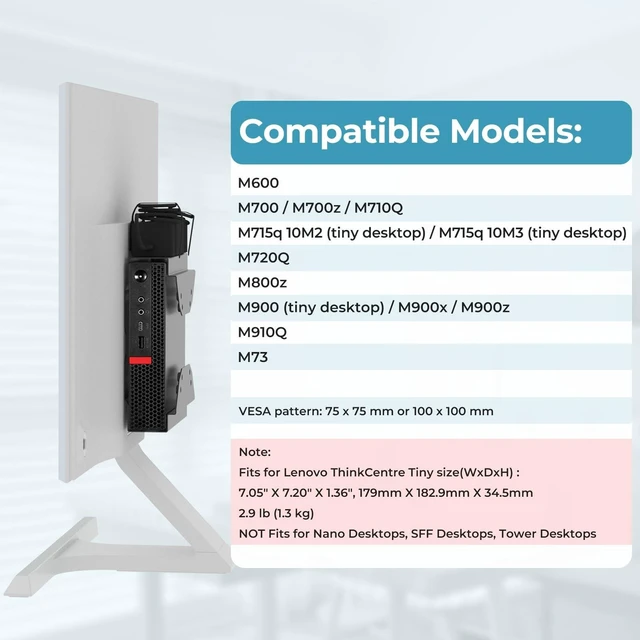 Alt view image 7 of 10 - Mount for Lenovo Mini PC VESA Mount for Lenovo ThinkCentre M910Q M720Q M700 M600 M710Q M715Q Tiny Desktop Computer Wall VESA and Under Desk Mounting Bracket or Mounting to Monitor Arm with P