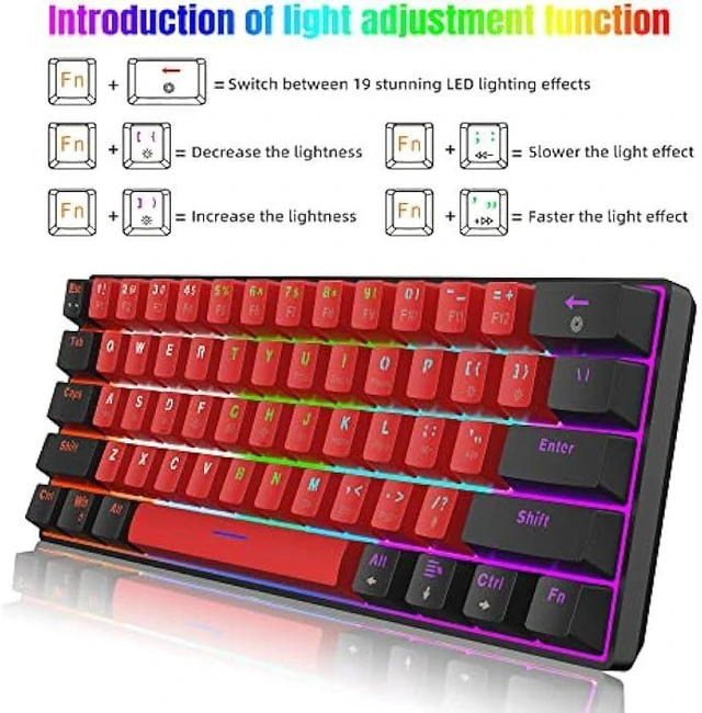 Alt view image 9 of 12 - Snpurdiri 60% Wired Mechanical Keyboard, Mini Gaming Keyboard with 61 Red Switches Keys for PC, Windows XP, Win 7, Win 10 (Black-Red, Red Switches)