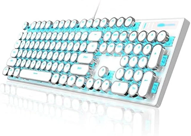 Alt view image 9 of 14 - Camiysn Typewriter Style Mechanical Gaming Keyboard, White Retro Punk Gaming Keyboard with Blue Backlit, 104 Keys Blue Switch Wired Cute Keyboard, Round Keycaps for Windows/Mac/PC