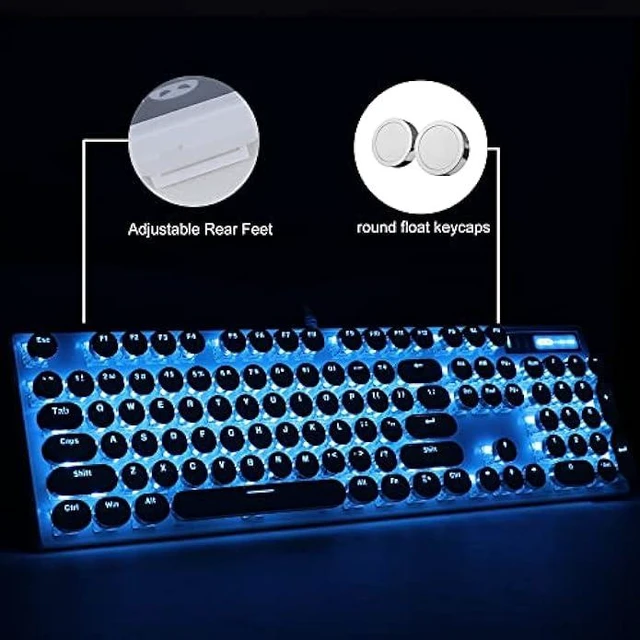 Alt view image 12 of 14 - Camiysn Typewriter Style Mechanical Gaming Keyboard, White Retro Punk Gaming Keyboard with Blue Backlit, 104 Keys Blue Switch Wired Cute Keyboard, Round Keycaps for Windows/Mac/PC