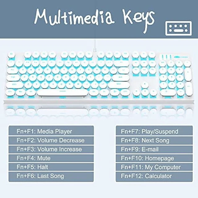 Alt view image 13 of 14 - Camiysn Typewriter Style Mechanical Gaming Keyboard, White Retro Punk Gaming Keyboard with Blue Backlit, 104 Keys Blue Switch Wired Cute Keyboard, Round Keycaps for Windows/Mac/PC