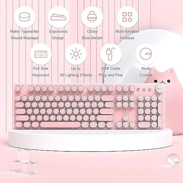 Alt view image 9 of 14 - LexonElec Typewriter Style Retro Wired Mechanical Gaming Keyboard,Vintage Steampunk Keyboard with White Backlit,104-Key Blue Switch Cute Keyboard,Round Keycaps Knob Control for PC/Windows/Mac