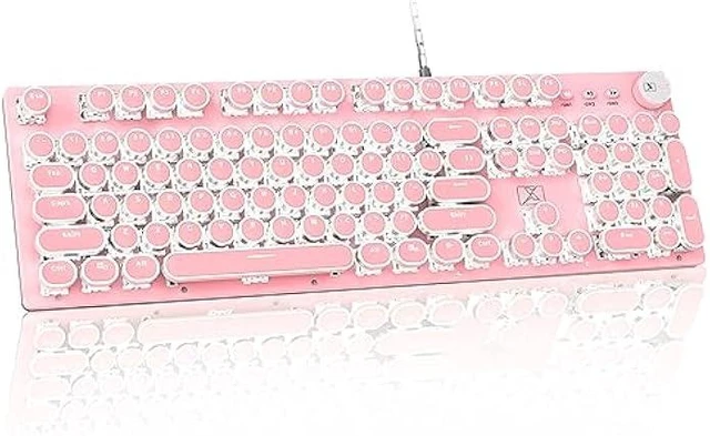 Alt view image 8 of 14 - LexonElec Typewriter Style Retro Wired Mechanical Gaming Keyboard,Vintage Steampunk Keyboard with White Backlit,104-Key Blue Switch Cute Keyboard,Round Keycaps Knob Control for PC/Windows/Mac