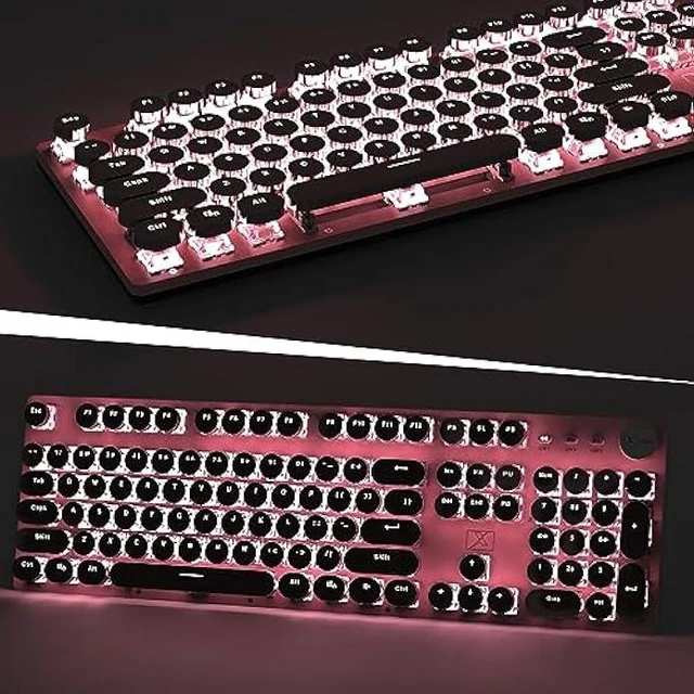 Alt view image 12 of 14 - LexonElec Typewriter Style Retro Wired Mechanical Gaming Keyboard,Vintage Steampunk Keyboard with White Backlit,104-Key Blue Switch Cute Keyboard,Round Keycaps Knob Control for PC/Windows/Mac