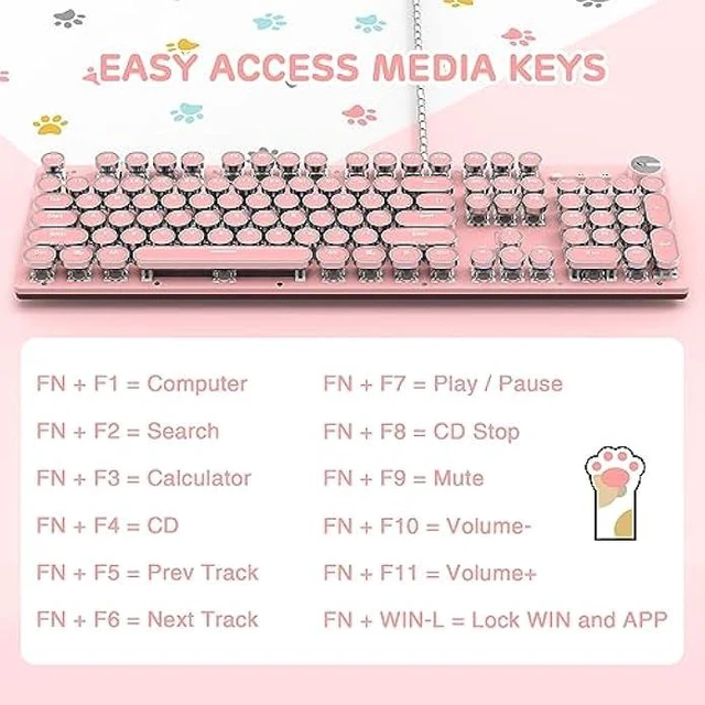 Alt view image 10 of 14 - LexonElec Typewriter Style Retro Wired Mechanical Gaming Keyboard,Vintage Steampunk Keyboard with White Backlit,104-Key Blue Switch Cute Keyboard,Round Keycaps Knob Control for PC/Windows/Mac