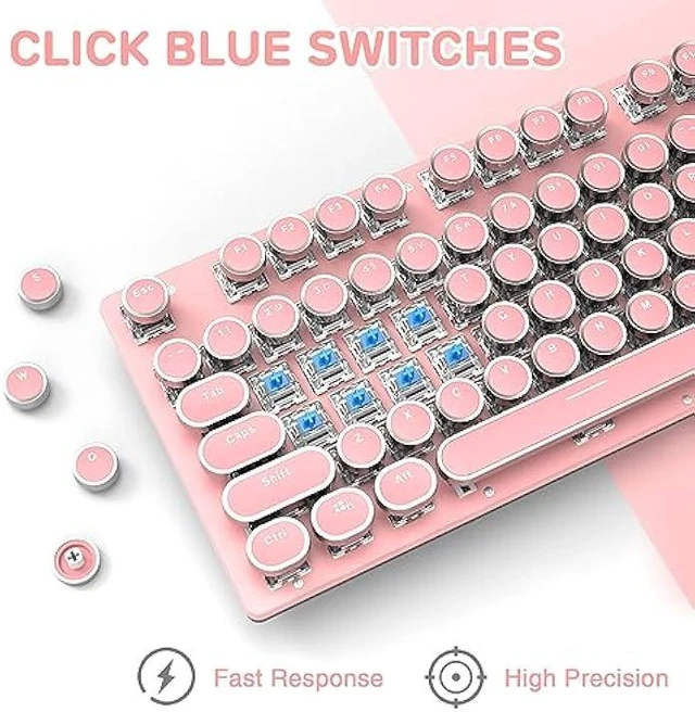 Alt view image 11 of 14 - LexonElec Typewriter Style Retro Wired Mechanical Gaming Keyboard,Vintage Steampunk Keyboard with White Backlit,104-Key Blue Switch Cute Keyboard,Round Keycaps Knob Control for PC/Windows/Mac
