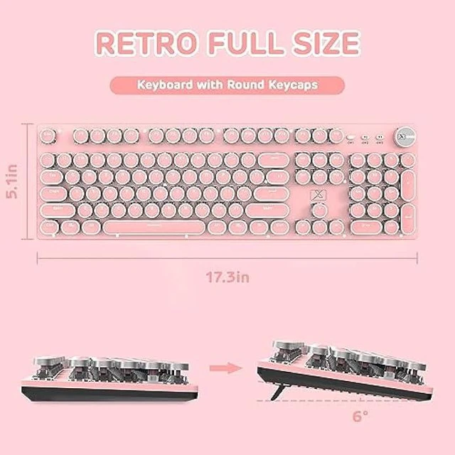 Alt view image 13 of 14 - LexonElec Typewriter Style Retro Wired Mechanical Gaming Keyboard,Vintage Steampunk Keyboard with White Backlit,104-Key Blue Switch Cute Keyboard,Round Keycaps Knob Control for PC/Windows/Mac