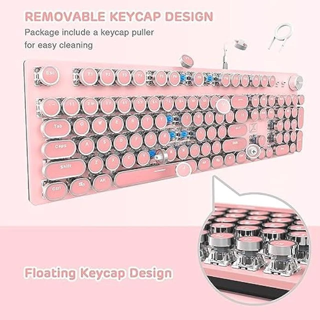Alt view image 14 of 14 - LexonElec Typewriter Style Retro Wired Mechanical Gaming Keyboard,Vintage Steampunk Keyboard with White Backlit,104-Key Blue Switch Cute Keyboard,Round Keycaps Knob Control for PC/Windows/Mac