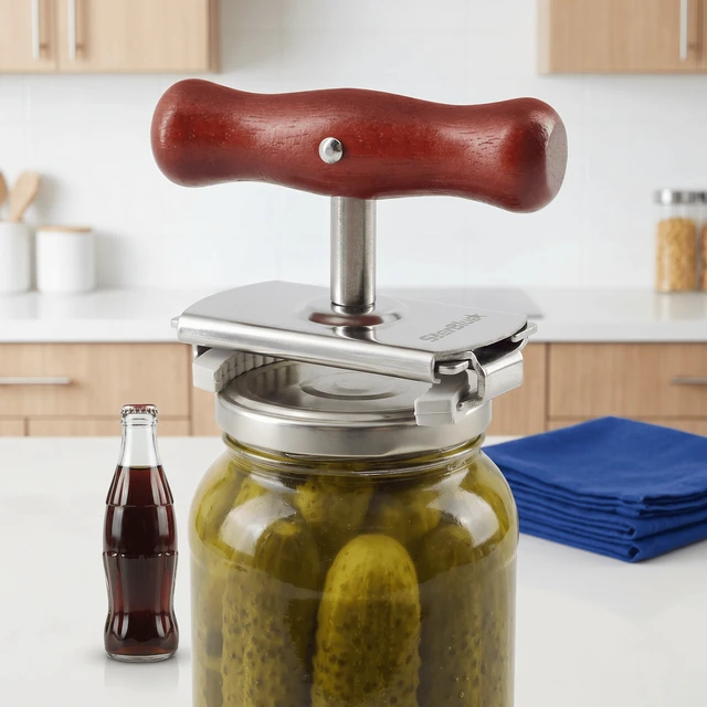 Alt view image 2 of 6 - Jar Opener for Seniors with Weak Hands Adjustable Lid Remover Tool for Jars & Bottles Heavy Duty Stainless Steel with Wood Handle