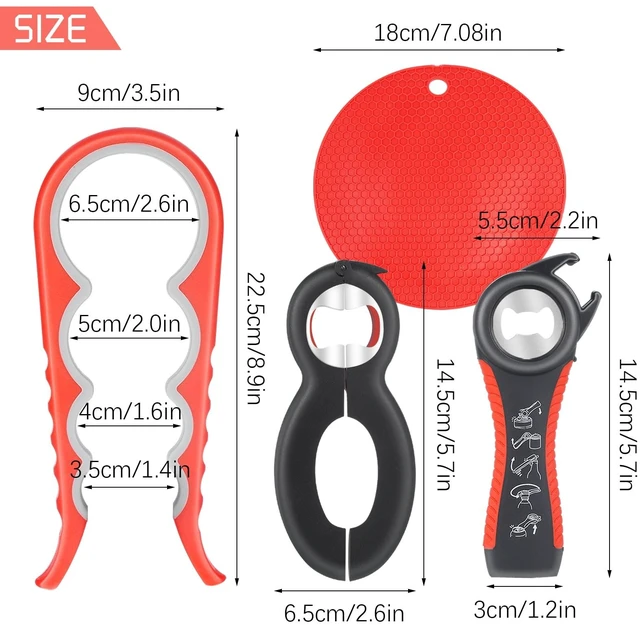 Alt view image 2 of 7 - sixwipe 4 Pack Jar Opener Bottle Opener for Weak Hands, 5 in 1 Multi Function Opener Bottle Opener Kit, Jar Opener with Silicone Handle, Jar Openers for Seniors with Arthritis, Jar Opener Gripper Pad