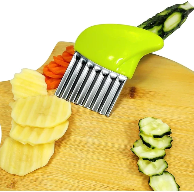 Alt view image 3 of 7 - Stainless Steel Crinkle Cutter, Heavy Duty Wavy Vegetable Slicer with Wooden Handle for Potatoes, Carrots, Fruits & Veggies, Manual Handheld Food Chopper & Kitchen Cutting Tool (Green)