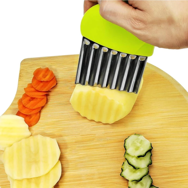 Alt view image 5 of 7 - Stainless Steel Crinkle Cutter, Heavy Duty Wavy Vegetable Slicer with Wooden Handle for Potatoes, Carrots, Fruits & Veggies, Manual Handheld Food Chopper & Kitchen Cutting Tool (Green)
