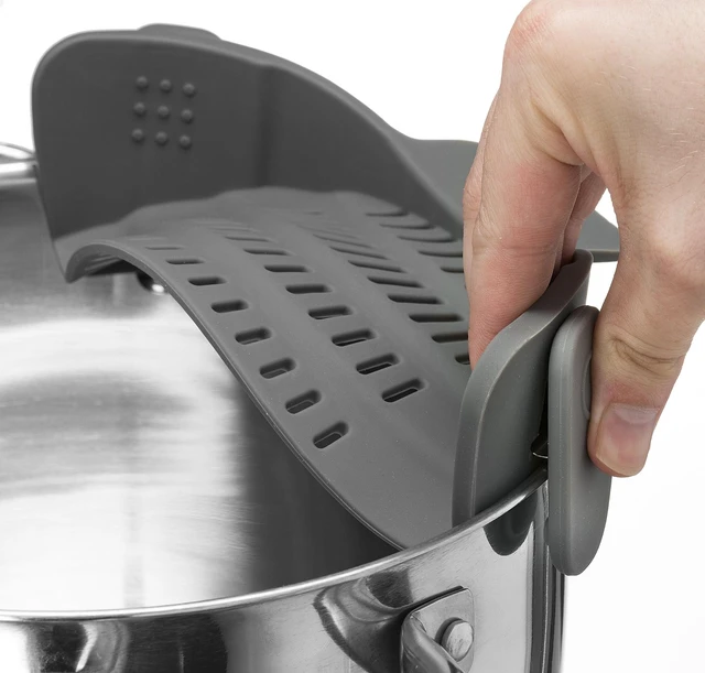 Alt view image 2 of 5 - Kitchen Gizmo Snap N Strain Pot Strainer and Pasta Strainer - Adjustable Silicone Clip On Strainer for Pots, Pans, and Bowls - Gray
