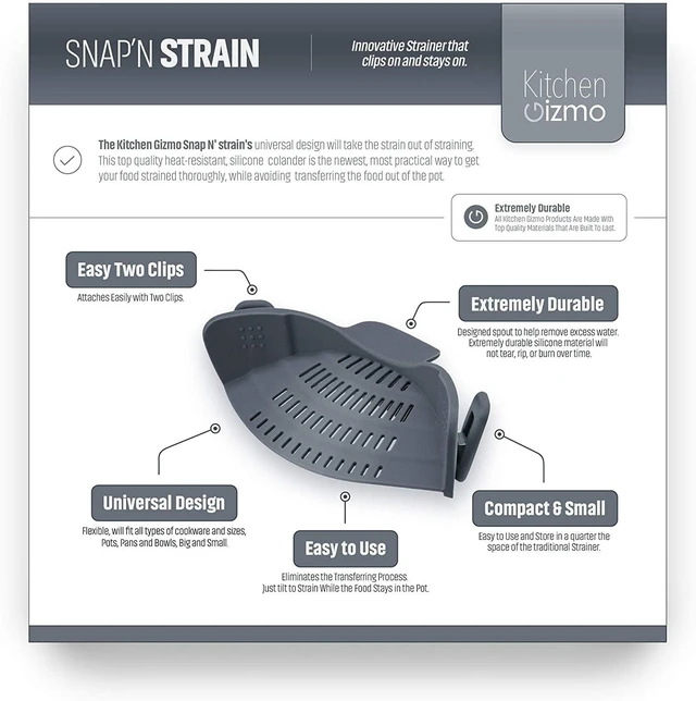 Alt view image 3 of 5 - Kitchen Gizmo Snap N Strain Pot Strainer and Pasta Strainer - Adjustable Silicone Clip On Strainer for Pots, Pans, and Bowls - Gray