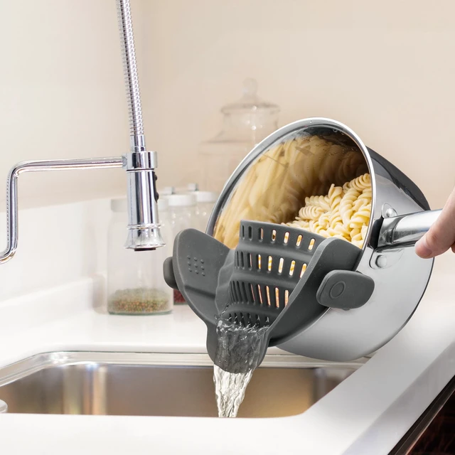 Alt view image 5 of 5 - Kitchen Gizmo Snap N Strain Pot Strainer and Pasta Strainer - Adjustable Silicone Clip On Strainer for Pots, Pans, and Bowls - Gray