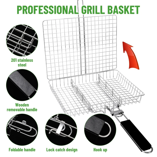 Alt view image 3 of 7 - Portable Grill Basket, BBQ Grilling Basket for Outdoor Grill with Removable Handle, Stainless Steel Camping Cooking Grill Accessories for Chicken Fish Vegetable, Dad Gifts