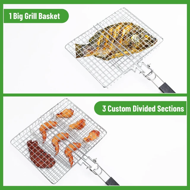 Alt view image 4 of 7 - Portable Grill Basket, BBQ Grilling Basket for Outdoor Grill with Removable Handle, Stainless Steel Camping Cooking Grill Accessories for Chicken Fish Vegetable, Dad Gifts
