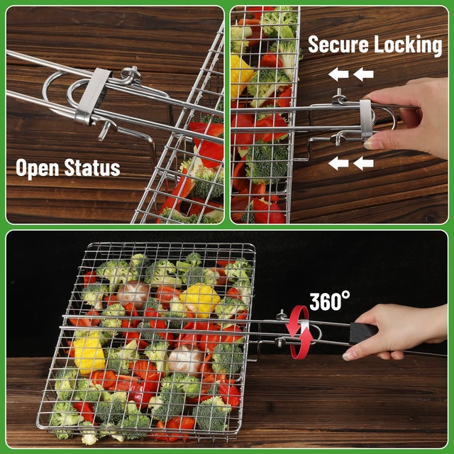 Alt view image 5 of 7 - Portable Grill Basket, BBQ Grilling Basket for Outdoor Grill with Removable Handle, Stainless Steel Camping Cooking Grill Accessories for Chicken Fish Vegetable, Dad Gifts
