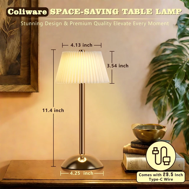 Alt view image 2 of 7 - Portable Cordless Table Lamp, Small Gold Desk Lamp with Scalloped Shade, Rechargeable Battery Powered Lighting for Bedroom Living Room Bar, Modern Dimmable Night Light
