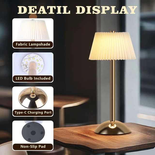 Alt view image 3 of 7 - Portable Cordless Table Lamp, Small Gold Desk Lamp with Scalloped Shade, Rechargeable Battery Powered Lighting for Bedroom Living Room Bar, Modern Dimmable Night Light