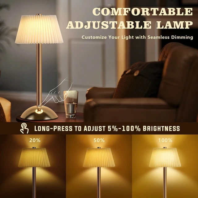 Alt view image 4 of 7 - Portable Cordless Table Lamp, Small Gold Desk Lamp with Scalloped Shade, Rechargeable Battery Powered Lighting for Bedroom Living Room Bar, Modern Dimmable Night Light