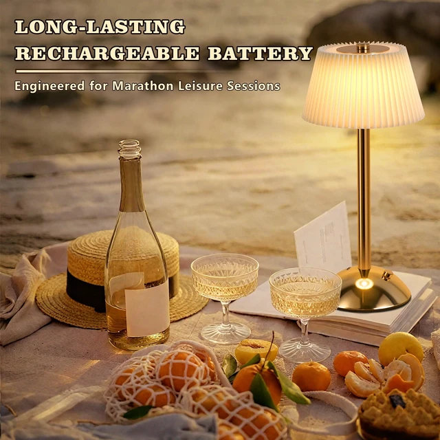 Alt view image 7 of 7 - Portable Cordless Table Lamp, Small Gold Desk Lamp with Scalloped Shade, Rechargeable Battery Powered Lighting for Bedroom Living Room Bar, Modern Dimmable Night Light