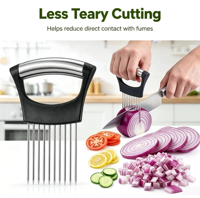 Alt view image 4 of 7 - Stainless Steel Onion Holder for Slicing, Onion Slicer Holder, Onion Cutter for Slicing of Onions, Tomatoes, Avocados, Eggs and Other Vegetables, KItchen Utensils