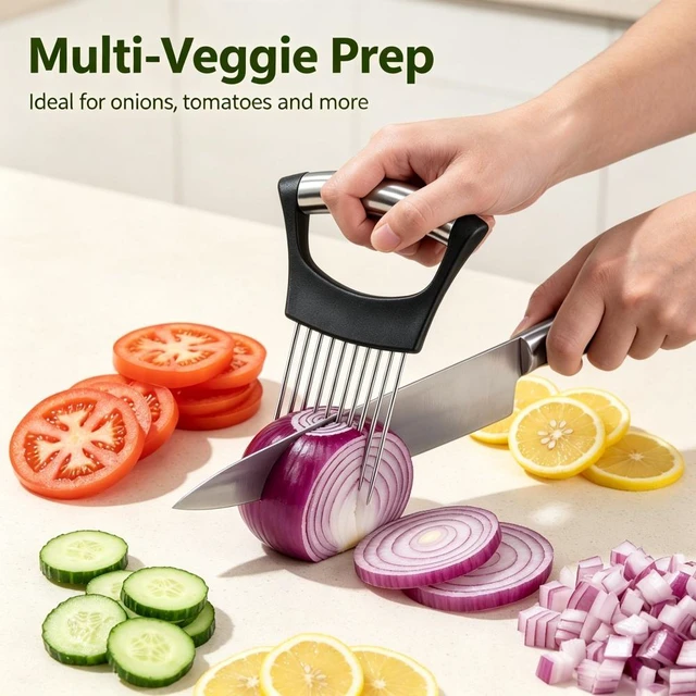 Alt view image 6 of 7 - Stainless Steel Onion Holder for Slicing, Onion Slicer Holder, Onion Cutter for Slicing of Onions, Tomatoes, Avocados, Eggs and Other Vegetables, KItchen Utensils