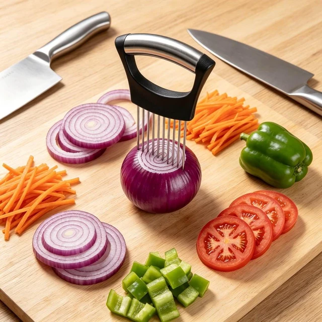 Alt view image 7 of 7 - Stainless Steel Onion Holder for Slicing, Onion Slicer Holder, Onion Cutter for Slicing of Onions, Tomatoes, Avocados, Eggs and Other Vegetables, KItchen Utensils