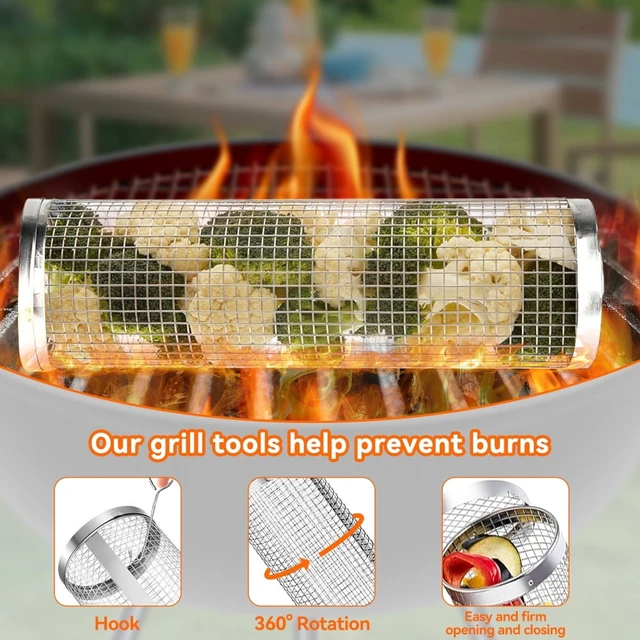 Alt view image 4 of 7 - BBQ Rolling Grilling Baskets set for Outdoor, Grill Bbq Net Tube Stainless Steel Large Round Mesh Barbecue Cylinder Cage Cooking Accessories for Veggies Vegetable Fish Camping