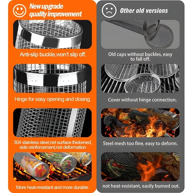 Alt view image 3 of 7 - BBQ Rolling Grilling Baskets set for Outdoor, Grill Bbq Net Tube Stainless Steel Large Round Mesh Barbecue Cylinder Cage Cooking Accessories for Veggies Vegetable Fish Camping