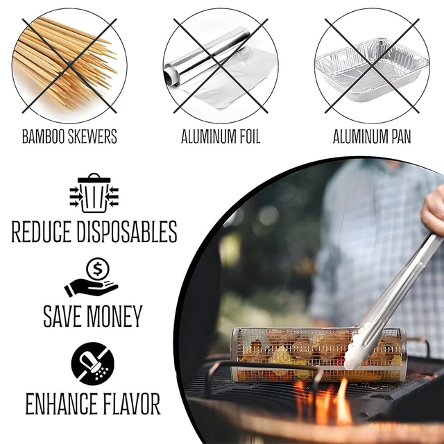Alt view image 5 of 7 - BBQ Rolling Grilling Baskets set for Outdoor, Grill Bbq Net Tube Stainless Steel Large Round Mesh Barbecue Cylinder Cage Cooking Accessories for Veggies Vegetable Fish Camping