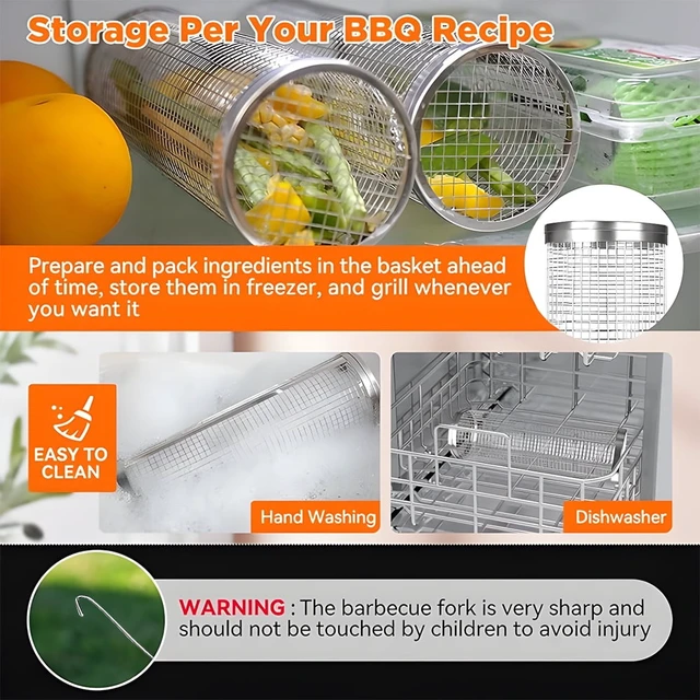 Alt view image 7 of 7 - BBQ Rolling Grilling Baskets set for Outdoor, Grill Bbq Net Tube Stainless Steel Large Round Mesh Barbecue Cylinder Cage Cooking Accessories for Veggies Vegetable Fish Camping