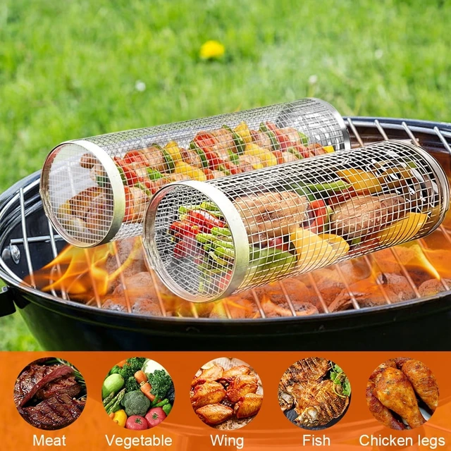 Alt view image 6 of 7 - BBQ Rolling Grilling Baskets set for Outdoor, Grill Bbq Net Tube Stainless Steel Large Round Mesh Barbecue Cylinder Cage Cooking Accessories for Veggies Vegetable Fish Camping