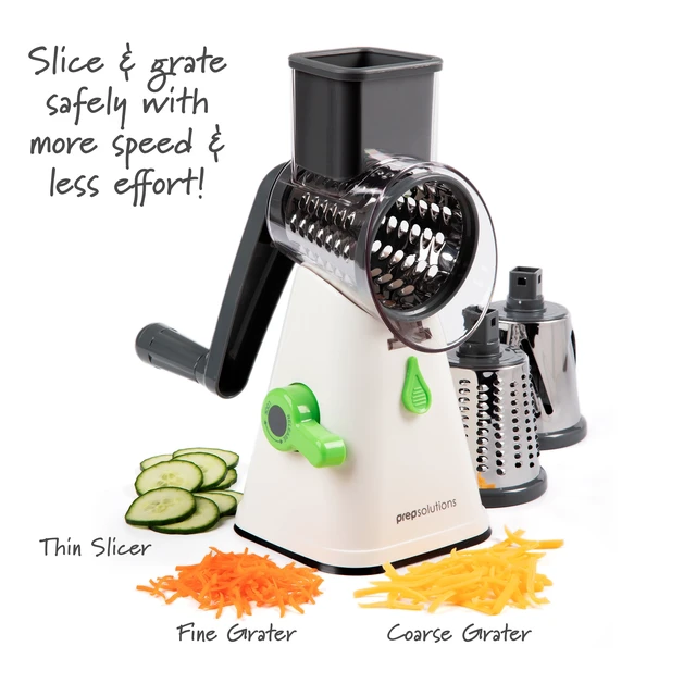 Alt view image 2 of 7 - Manual Rotary Grater & Slicer with Stainless Steel Drums - Hand Crank Kitchen Tool for Parmesan Cheese, Hash Browns, Carrots, Chocolate, Nuts, and Salad Prep.