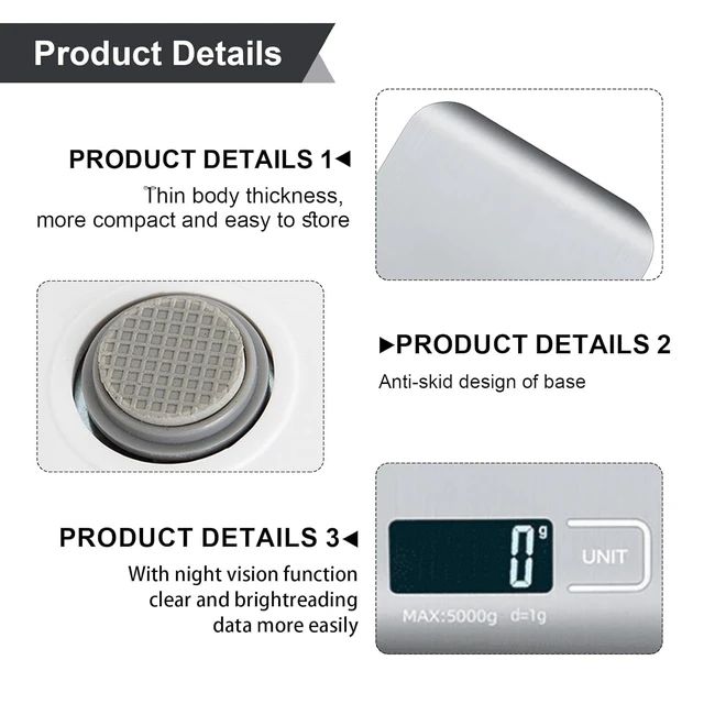 Alt view image 4 of 7 - Food Scale Digital Kitchen Scale with 1g/0.05oz Precise Graduation, 5 Units LCD Display Scale for Cooking/Baking in KG, G, oz, ml, and lb, Easy Clean Stainless Steel and Tempered Glass