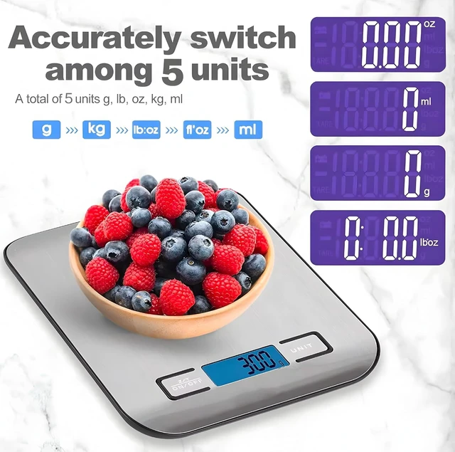 Alt view image 5 of 7 - Food Scale Digital Kitchen Scale with 1g/0.05oz Precise Graduation, 5 Units LCD Display Scale for Cooking/Baking in KG, G, oz, ml, and lb, Easy Clean Stainless Steel and Tempered Glass
