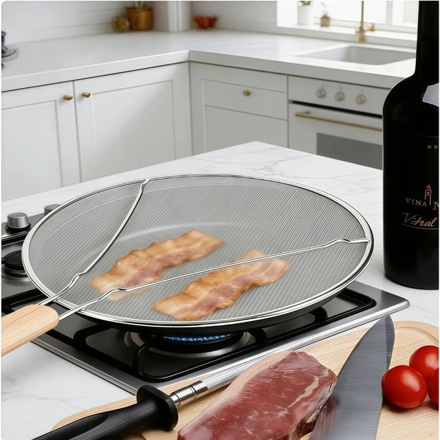 Alt view image 4 of 5 - Stainless Steel Splatter Screen for Frying Pan, 9.8" 11.4" 13" Ultra Fine Mesh Grease Splatter Guard, Hot Oil Splatter Guard Shield Grease for Cooking, Kitchen Splash Guard to Prevent Oil Splatter