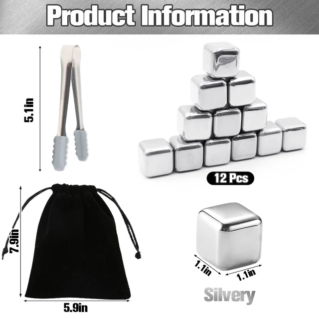 Alt view image 3 of 7 - 12 Pack Reusable Ice Cubes, Whiskey Stones , High Cooling Technology,304 Stainless Steel Ice Cube for Whiskey, Vodka, Liqueurs, Wine,Beverage Juice or Soda Gift for Men Dad
