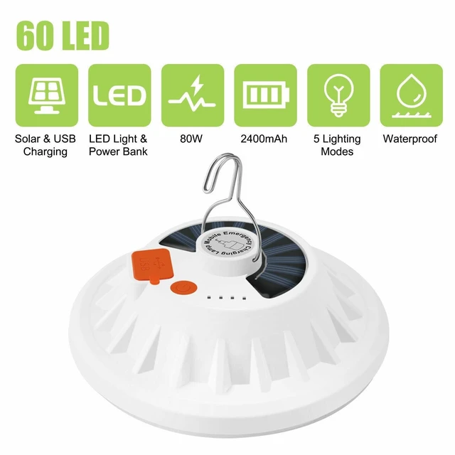 Alt view image 4 of 7 - Rechargeable 60 LED Outdoor Camping Tent Light USB & Solar Lantern Hiking Lamp