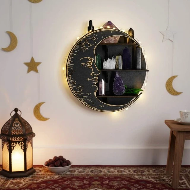 Alt view image 2 of 4 - 1PC, Ramadan () simple wooden circular moon decorative nail wall display rack, DIY assembled Floating Shelf/Shelves