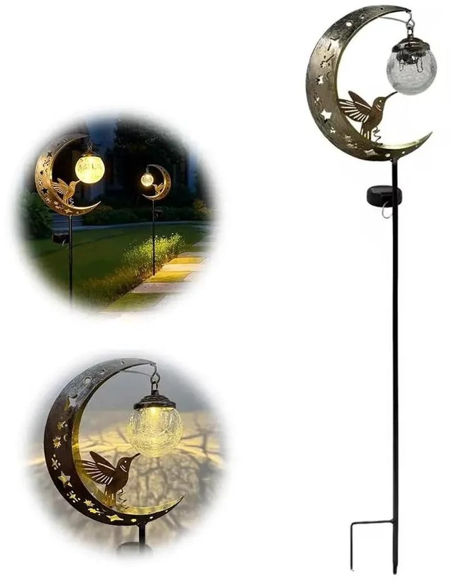 Main image of Solar Lawn Stake Light Crackle Glass Moon Hummingbird Silhouette Auto On Off Waterproof Solar Outdoor Yard Path Decor Lamp