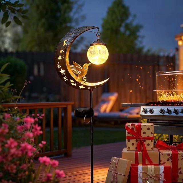 Alt view image 2 of 4 - Solar Lawn Stake Light Crackle Glass Moon Hummingbird Silhouette Auto On Off Waterproof Solar Outdoor Yard Path Decor Lamp