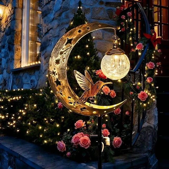 Alt view image 3 of 4 - Solar Lawn Stake Light Crackle Glass Moon Hummingbird Silhouette Auto On Off Waterproof Solar Outdoor Yard Path Decor Lamp
