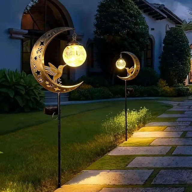 Alt view image 4 of 4 - Solar Lawn Stake Light Crackle Glass Moon Hummingbird Silhouette Auto On Off Waterproof Solar Outdoor Yard Path Decor Lamp