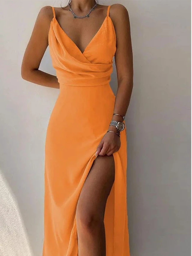 Main image of European-style printed summer halter-neck V-neck slip dress with slit opening