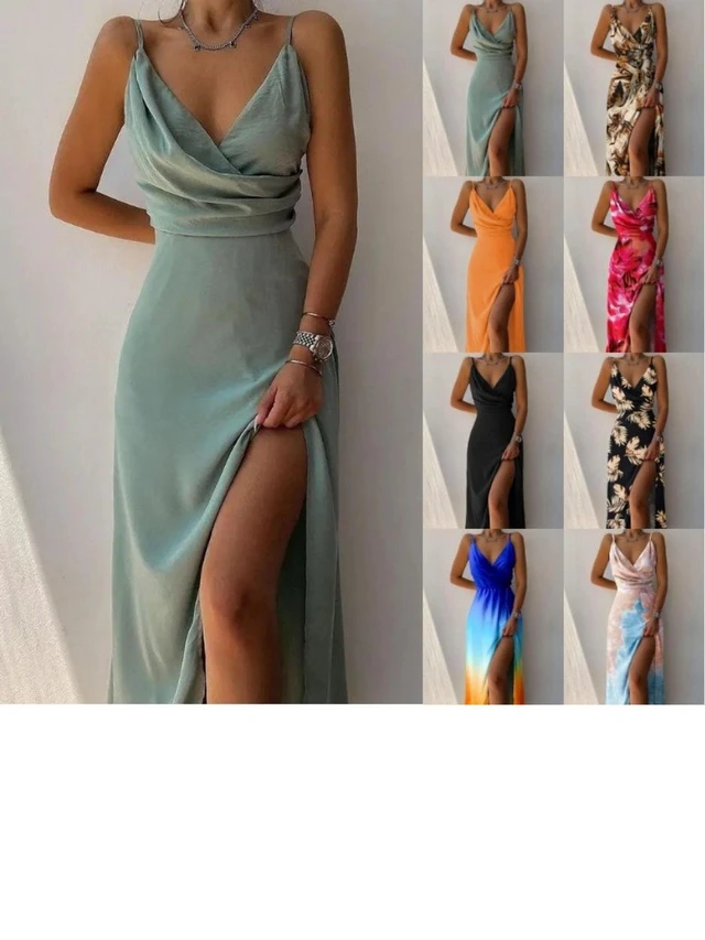 Alt view image 2 of 3 - European-style printed summer halter-neck V-neck slip dress with slit opening