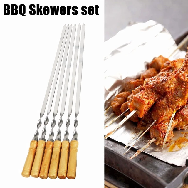 Alt view image 2 of 7 - Outdoor Stainless Steel Grill Stick, Wooden Shish Kebab, Barbecue Modules, Grill Stick, Long Handle, 6 Pieces, 55cm, 21.65 inches