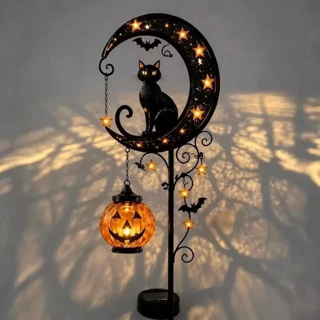 Alt view image 2 of 4 - Garden Lamp Decoration Halloween Black Cat & Pumpkin Moon Garden Stake Light, Outdoor Waterproof Metal Pumpkin Stake Decor