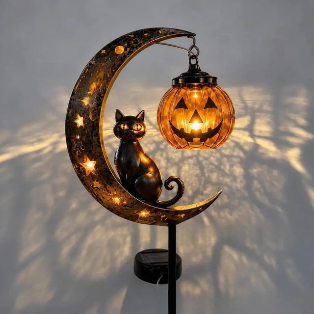 Alt view image 3 of 4 - Garden Lamp Decoration Halloween Black Cat & Pumpkin Moon Garden Stake Light, Outdoor Waterproof Metal Pumpkin Stake Decor